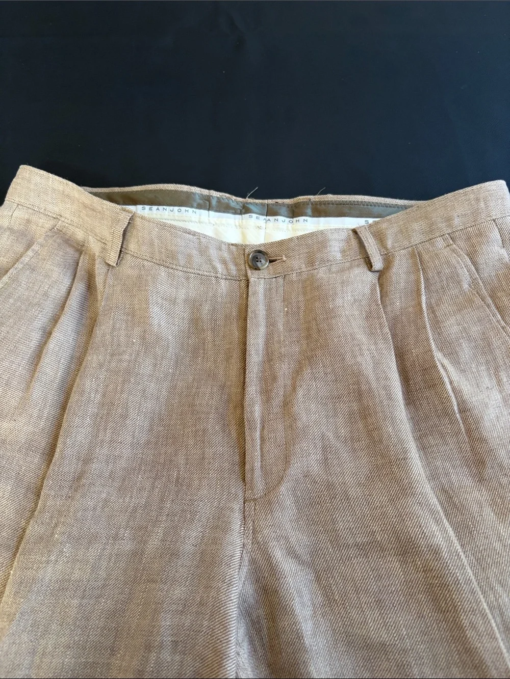 Sean John 100% Linen Pleated Dress Pants 34x32 Original Fit Tan Wide Leg